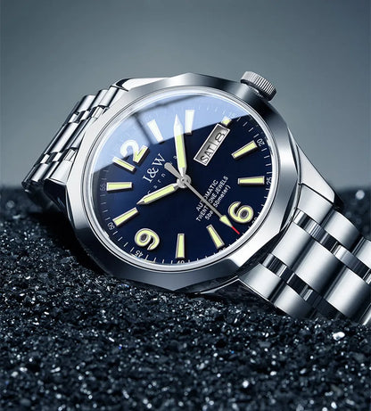 Prabangus mechaninis vyriškas laikrodis „Reloj CARNIVAL“ iš volframo, su automatiniu mechanizmu „MIYOTA 8205“, atsparus vandeniui.