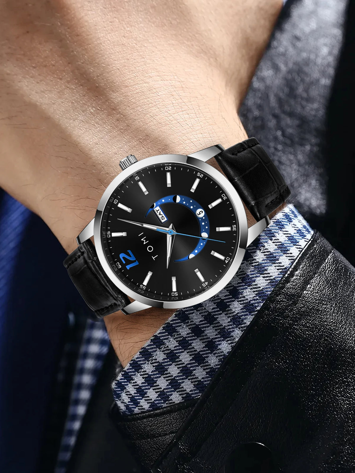 Montre à quartz TOMI, style business et élégant, avec bracelet en cuir, boîtier en alliage et cadran à aiguilles – Design haut de gamme, idée cadeau pour homme