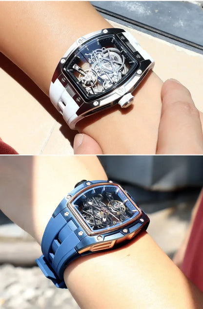 Relógio de pulso automático MEGIR para homem, com bracelete em silicone preto, impermeável, luminoso, desportivo e mecânico, com mostrador tonneau 2242