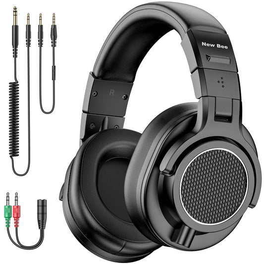 New Bee Wired Professional Studio DJ Headphones Hi-Res Over-Ear Studio Monitor Headphones with Microphone Support for Mixing, Recording, Gaming & Music Production