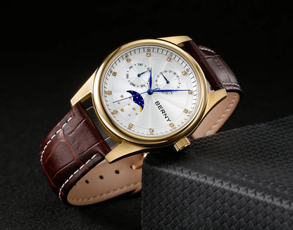 BERNY Men's Watch Date Weeks Moon Phase Quartz Watches for Men Stainless Steel Leather Strap Business Wristwatch Male Clock