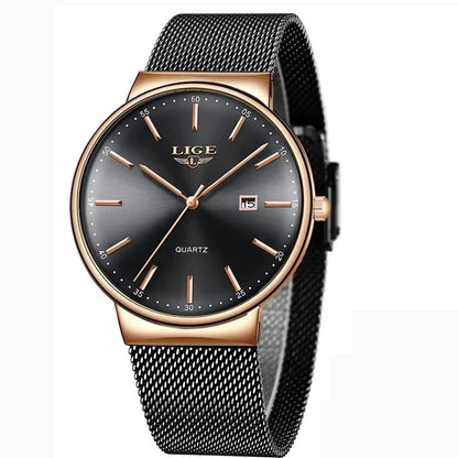 LIGE Herrenuhr, elegantes und luxuriöses Modell, ultraflach, wasserdicht, mit Gliederarmband, Quarzwerk, Datums- und Kalenderanzeige – ideal für einen professionellen Look.
