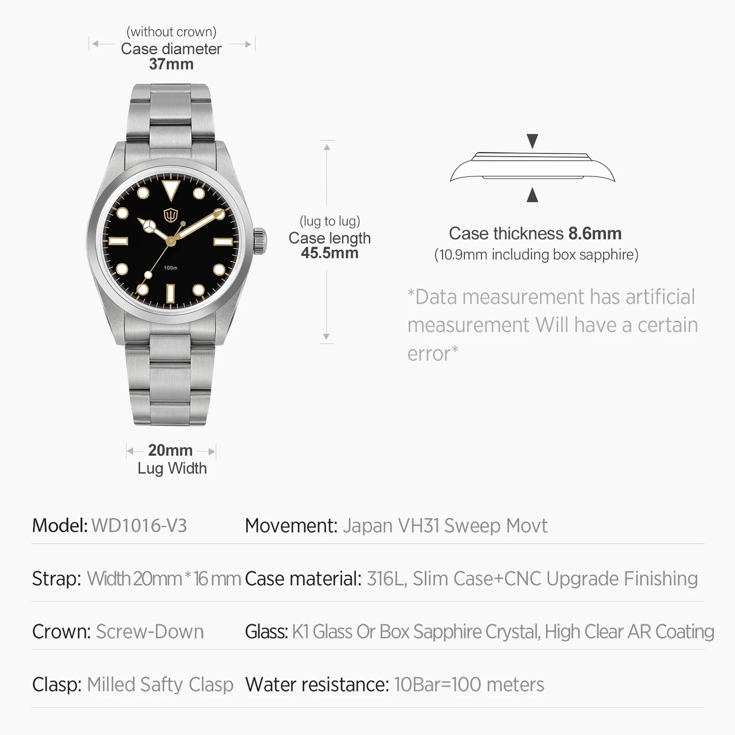 Relógio Watchdives WD1016 V3 37mm com movimento VH31 Sweep em aço inoxidável, safira de luxo, impermeável 100m, relógio para homem com caixa de oferta