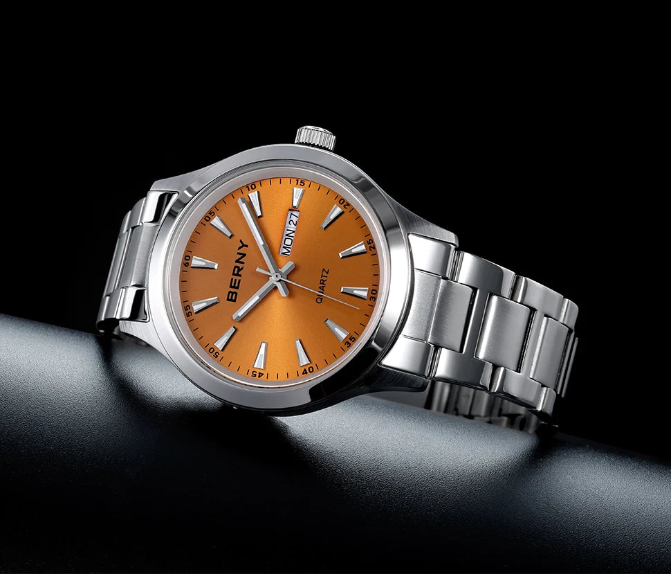 BERNY Men Quartz Watch  Fashion Texture Wristwatch for Men Ultra Thin Men Watch Calendar Luminous Stainless Steel Dress Watches