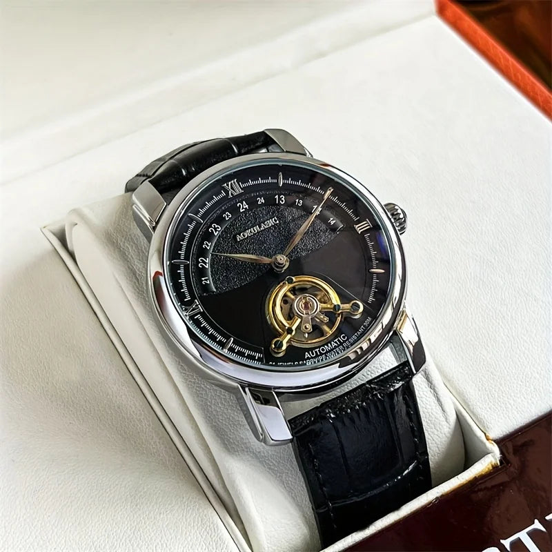Mechanische Automatikuhr für Herren – Elegantes Ajour-Design, trendiger „Business-Casual“-Stil, Gehäuse aus Metalllegierung und Lederarmband, batterielos