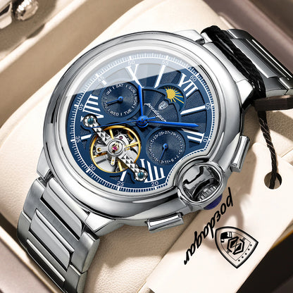 POEDAGAR luksuzni muški sat – automatski mehanički model s prikazom datuma i dana, kožni remen, tourbillon, vodootporan, elegantan i profesionalan stil.