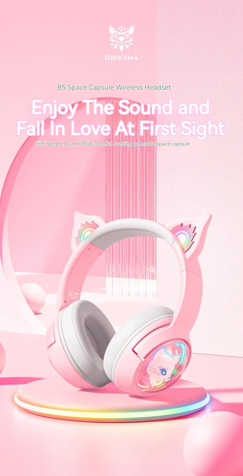 ONIKUMA B5 Wireless Gaming Headset with Cat Ears, Surround Sound Over-Ear Headphones with Microphone for PC, Laptop & Gaming