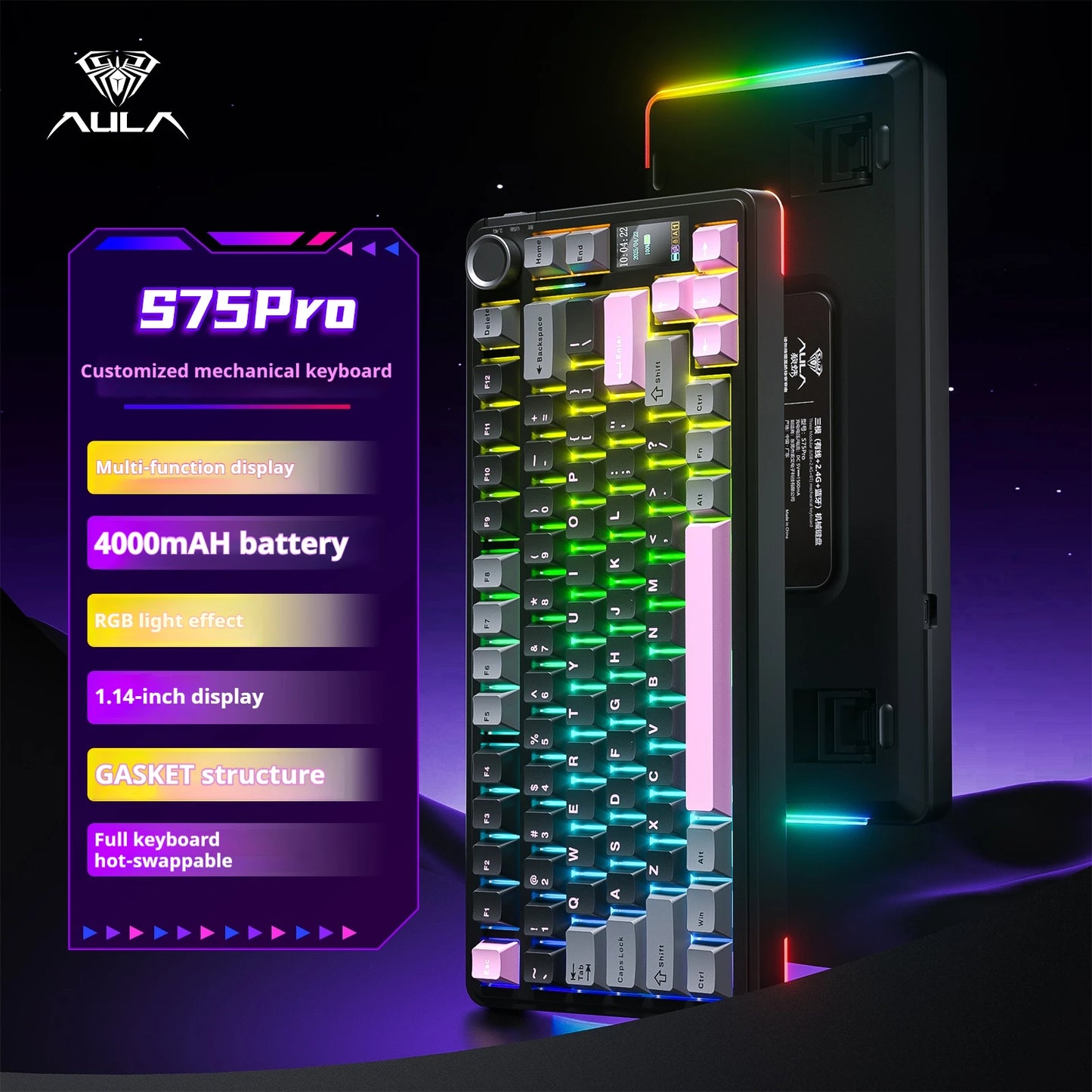 AULA S75 PRO Mechanical Keyboard 75% Custom Layout RGB Backlight Wireless Bluetooth Gaming Keyboard with Screen Knob