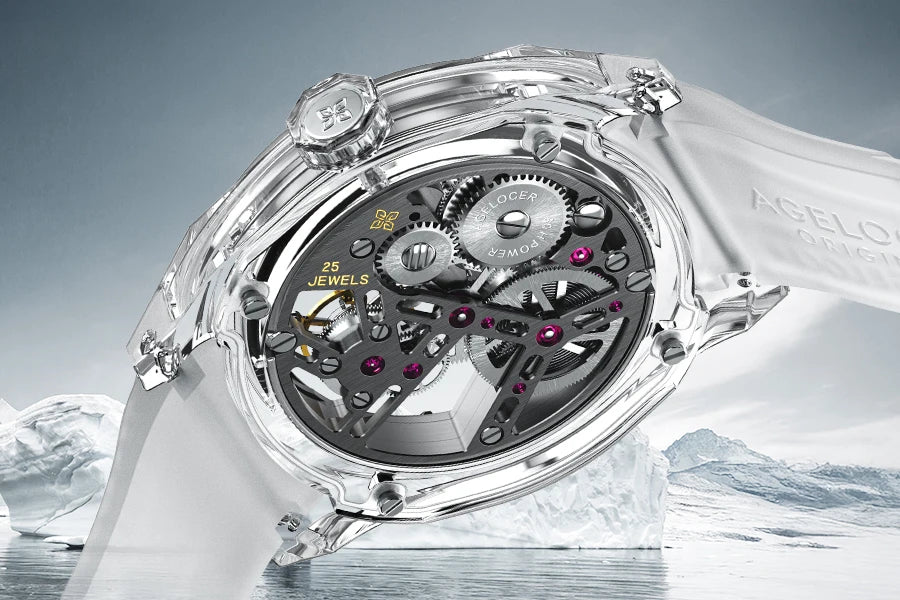 AGELOCER Limited Edition „Ice Never Melts“ Luxuriöse mechanische Handaufzugsuhr mit Free-sprung Crystal Tourbillon