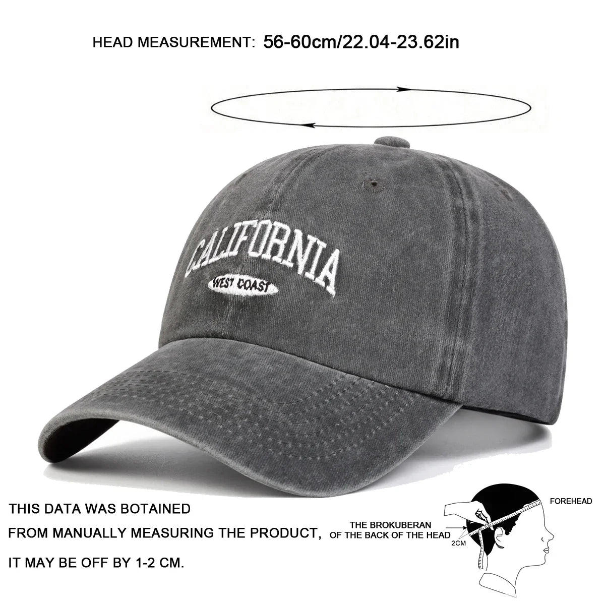 Unisex CALIFORNIA Letter Embroidery Wash Baseball Caps Spring and Autumn Outdoor Adjustable Casual Hats Sunscreen Hat