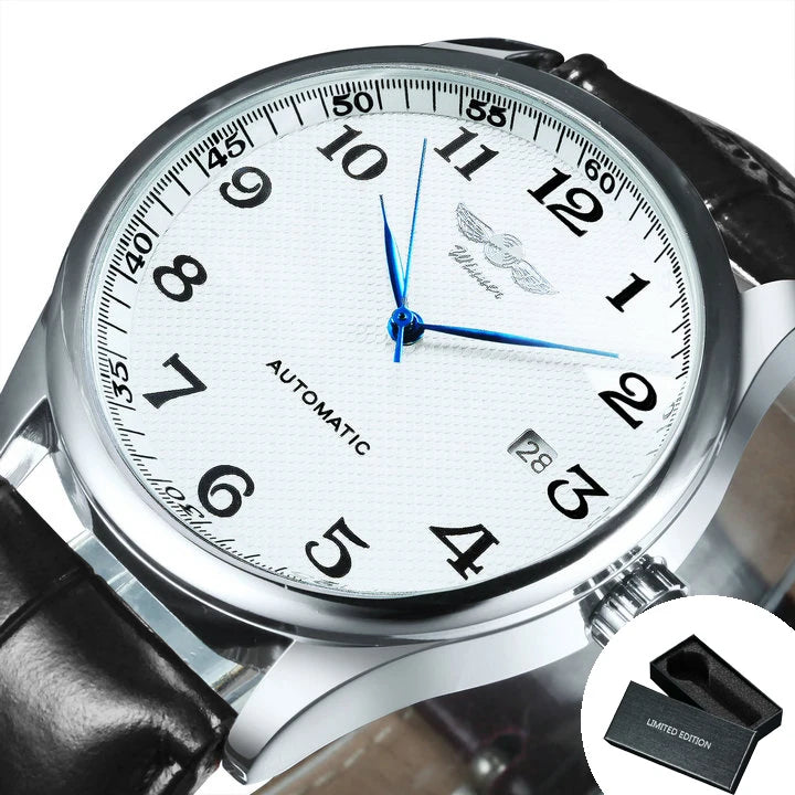 WINNER Men’s Watch – Classic, retro and elegant style – Automatic mechanical watch with date display – Luxury brand, steel case and leather strap