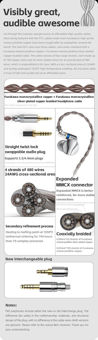 FiiO FD15 13.8mm DLC Dynamic Driver In-Ear Earphone Hi-Res Audio Magnalium Detachable MMCX Cable Wired HiFi Earbuds Shanling