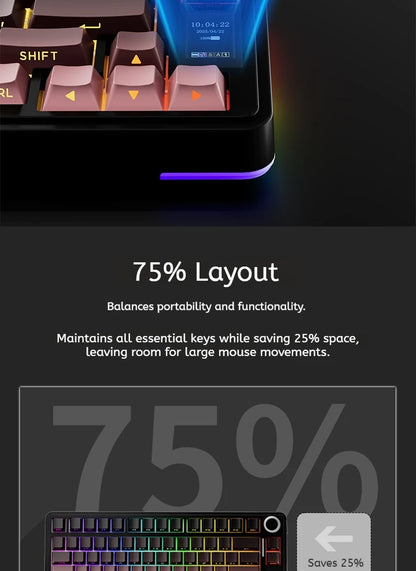 AULA S75 PRO Mechanical Keyboard 75% Custom Layout RGB Backlight Wireless Bluetooth Gaming Keyboard with Screen Knob