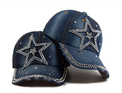 Y2K Pentagram Denim Cloth Baseball Cap Women Fashion Vintage Snapback Men Female Hip hop Shiny Rhinestone Hat For Spring Autumn
