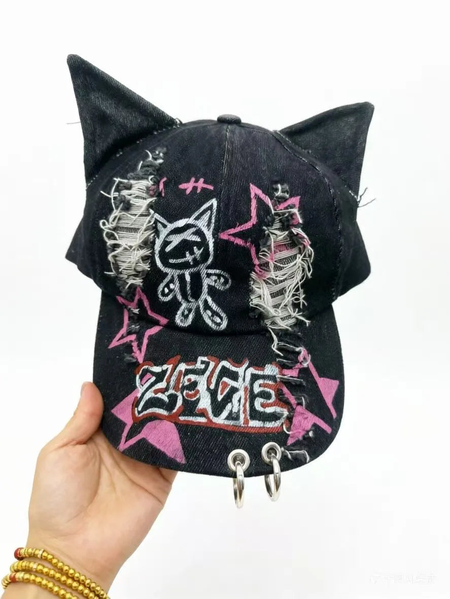 Celebrity-Inspired Niche Rabbit Ear Denim Ripped Baseball Cap Washed Graffiti Hip-Hop Sun Hat Trendy Cap