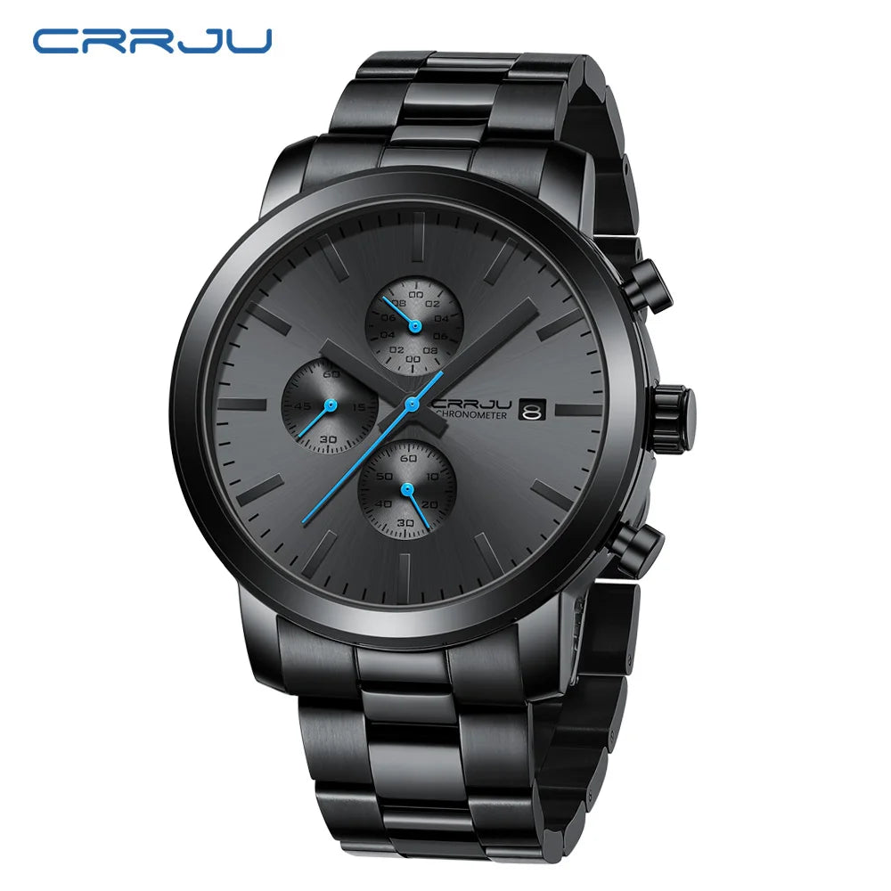 Herrenuhr CRRJU – Chronograph aus Edelstahl, wasserdicht, mit Datumsanzeige, analogem Quarzwerk, eleganter und professioneller Stil