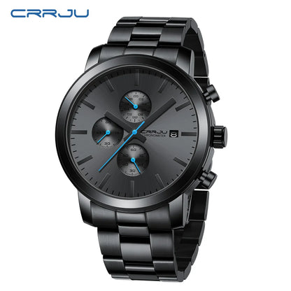 Herrenuhr CRRJU – Chronograph aus Edelstahl, wasserdicht, mit Datumsanzeige, analogem Quarzwerk, eleganter und professioneller Stil