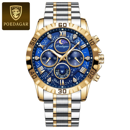 POEDAGAR herenhorloge – Luxe chronograaf, waterdicht en lichtgevend, van roestvrij staal, in sportieve en militaire stijl, met quartz uurwerk