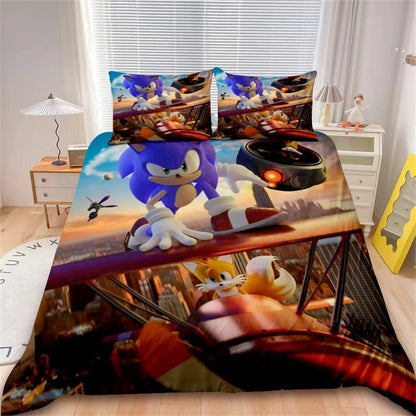 Cartoon-Bettbezug-Set, weiche Baumwoll-Bettwäsche, S-Sonic-S Film H-HedgehogS, 2/3-teiliges Set, für alle Jahreszeiten, Studentenwohnheim