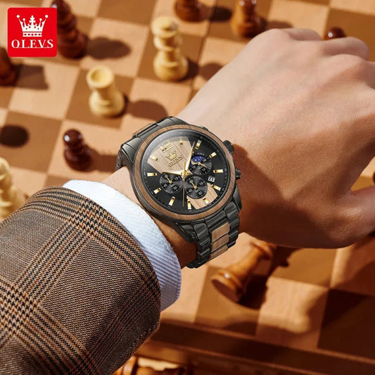 Montre homme OLEVS 3645 en bois, de luxe, avec éclairage nocturne, chronographe multifonctionnel, à quartz, style rétro, montre de sport tendance.