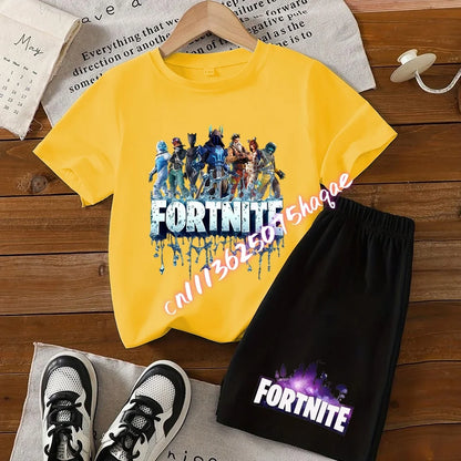 Summer Kids Game Fortnite T-Shirt Suit Anime Short Sleeve Shorts 2 Piece Summer Children Cotton Casual Sportswear Gifts