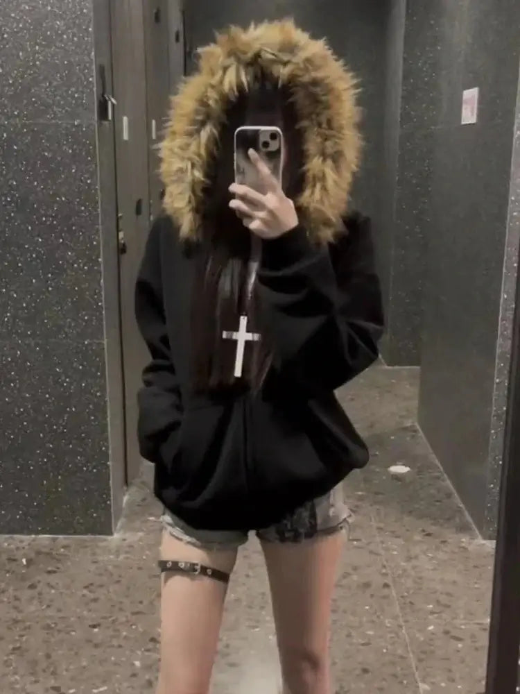 Produit gaming premium Fraquane American Vintage Black Faux Fur Sweatshirts Women Letter Printed Subculture Coats with Hooded Female Gothic Harajuku Jackets Y2k