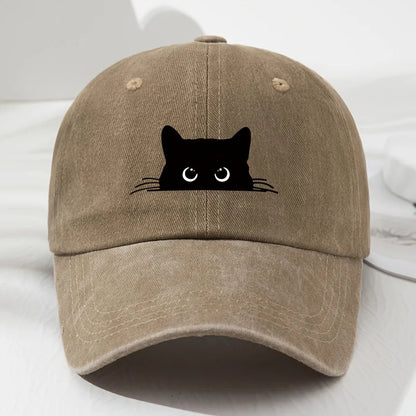 Cute cat print vintage washed baseball cap for men and women, versatile casual curved brim hat