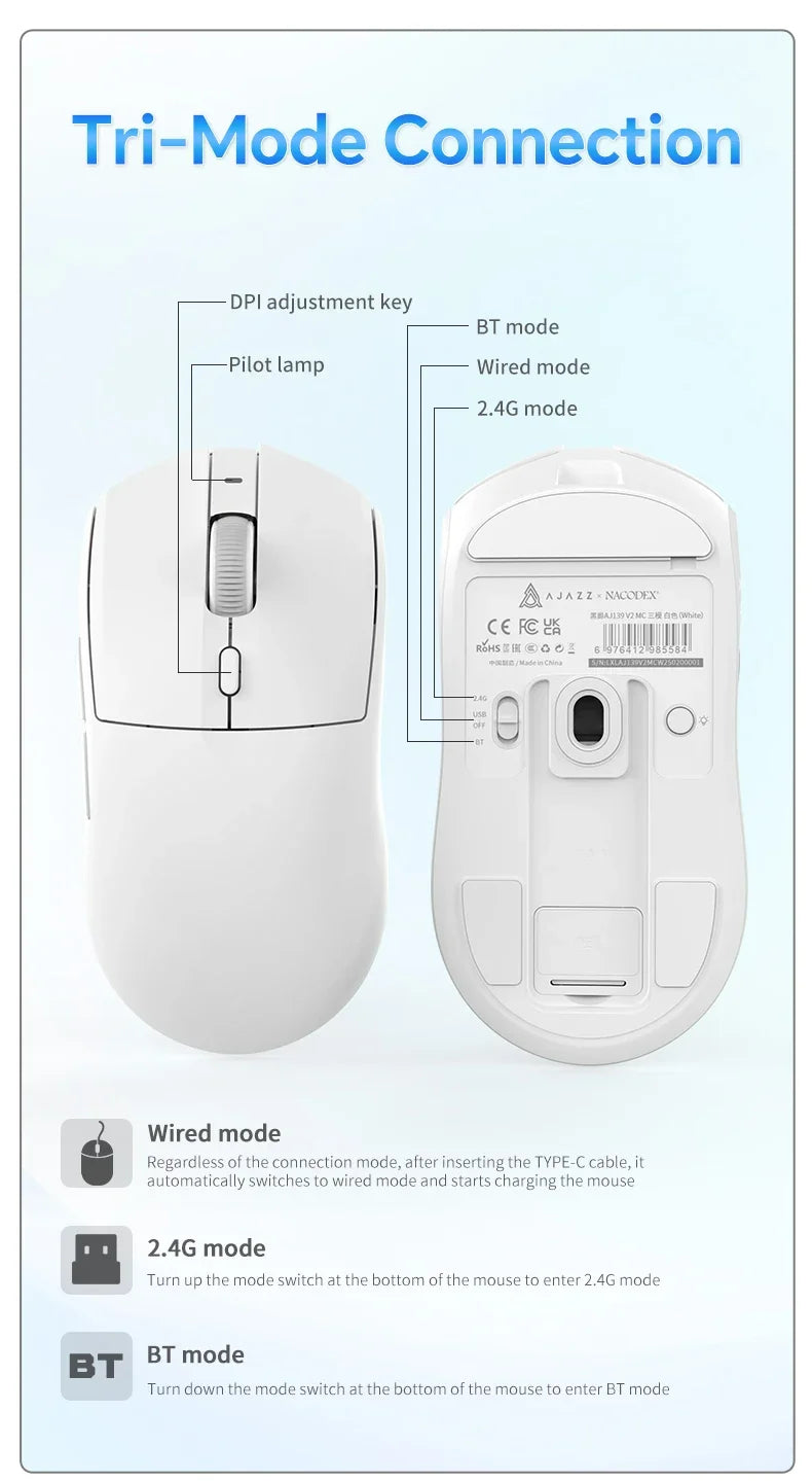 Bezdrátová herní myš AJAZZ AJ139 V2 MC/AJ139 PRO se senzorem PAW3311/PAW3395, 12000DPI/26000DPI, 500mAh, Bluetooth myš pro PC