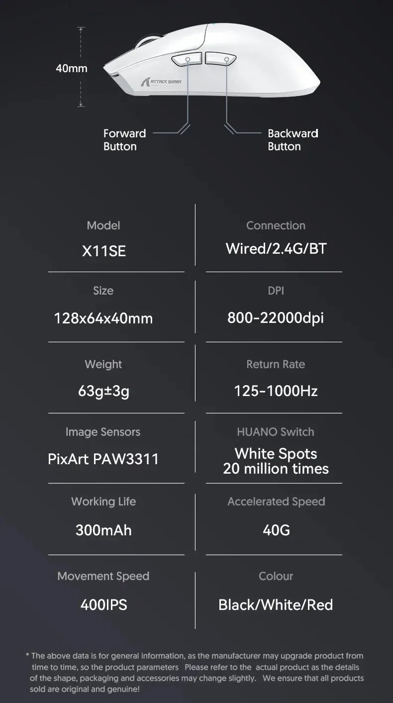 Ratón gaming inalámbrico ultraligero ATTACK SHARK X11SE, vida útil de 20 millones de clics, PAW3311 Gaming, 22KDPI, 400IPS, 40G, 1KHz, 65 horas, 30mAH