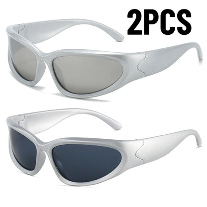 Y2K Wrap Around Sunglasses Fashion Rave Metallic Chrome Space Alien Glasses Futuristic Shades Sports for Women Men