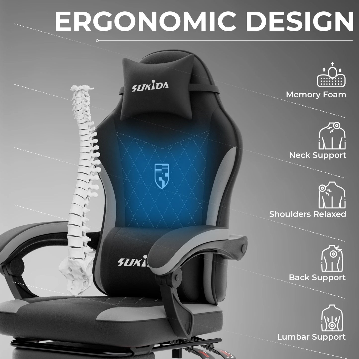 SUKIDA Gaming Chair Ergonomic High Back Computer Chair with Footrest, Reclining Office Chair with Adjustable Height, Comfortable Racing Style Desk Chair