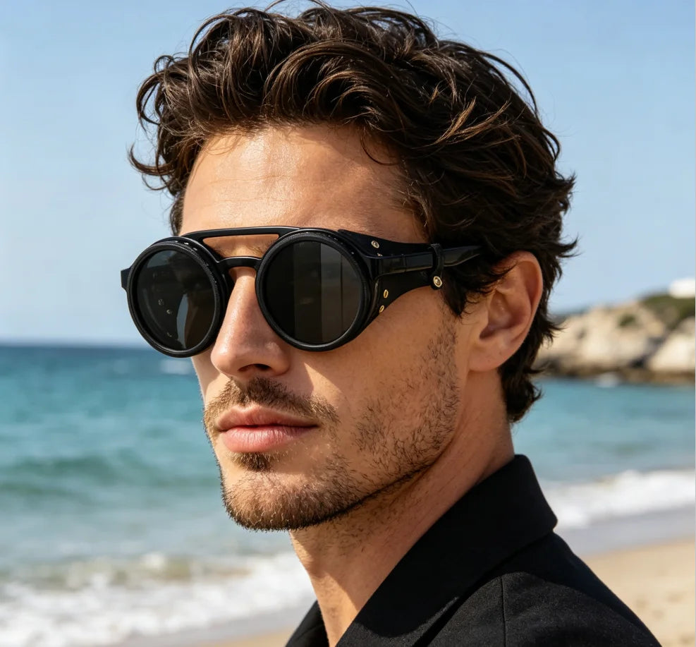 Adjustable 9-Gear ND Filter Steampunk Sunglasses UV400 Round Retro Punk Sun Glasses with Side Shields Leather Patch for Men Wome
