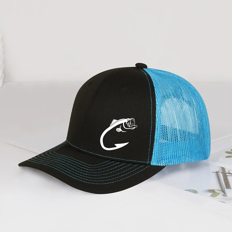 Bass Fish Hook Print Trucker Hat Adjustable Unisex Mesh Fishing Fan Sun Hat