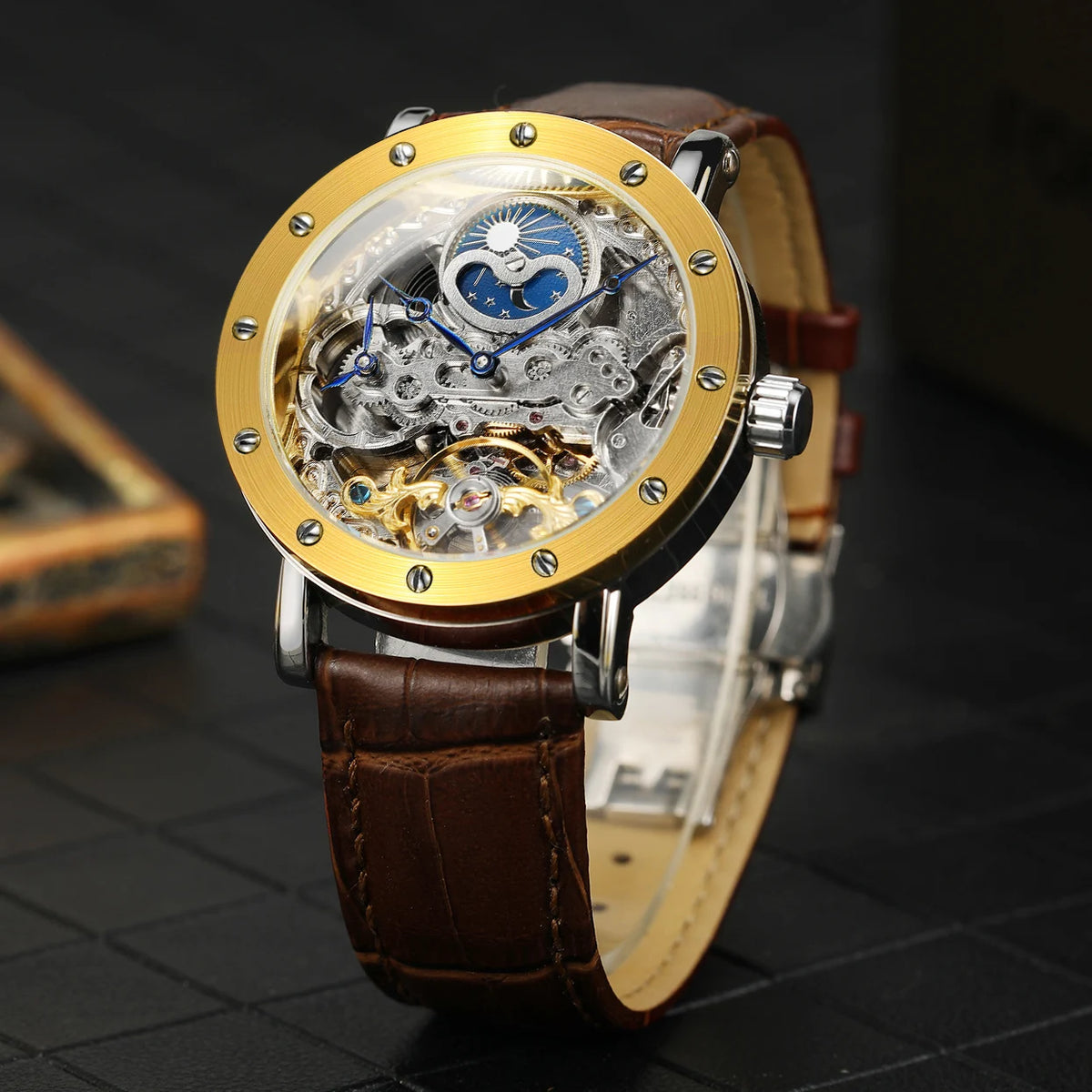 Męski zegarek na rękę SKROX z mechanizmem automatycznym, model szkieletowy z funkcją GMT, fazami księżyca i tourbillonem – elegancki i oryginalny zegarek luksusowy z najwyższej półki.