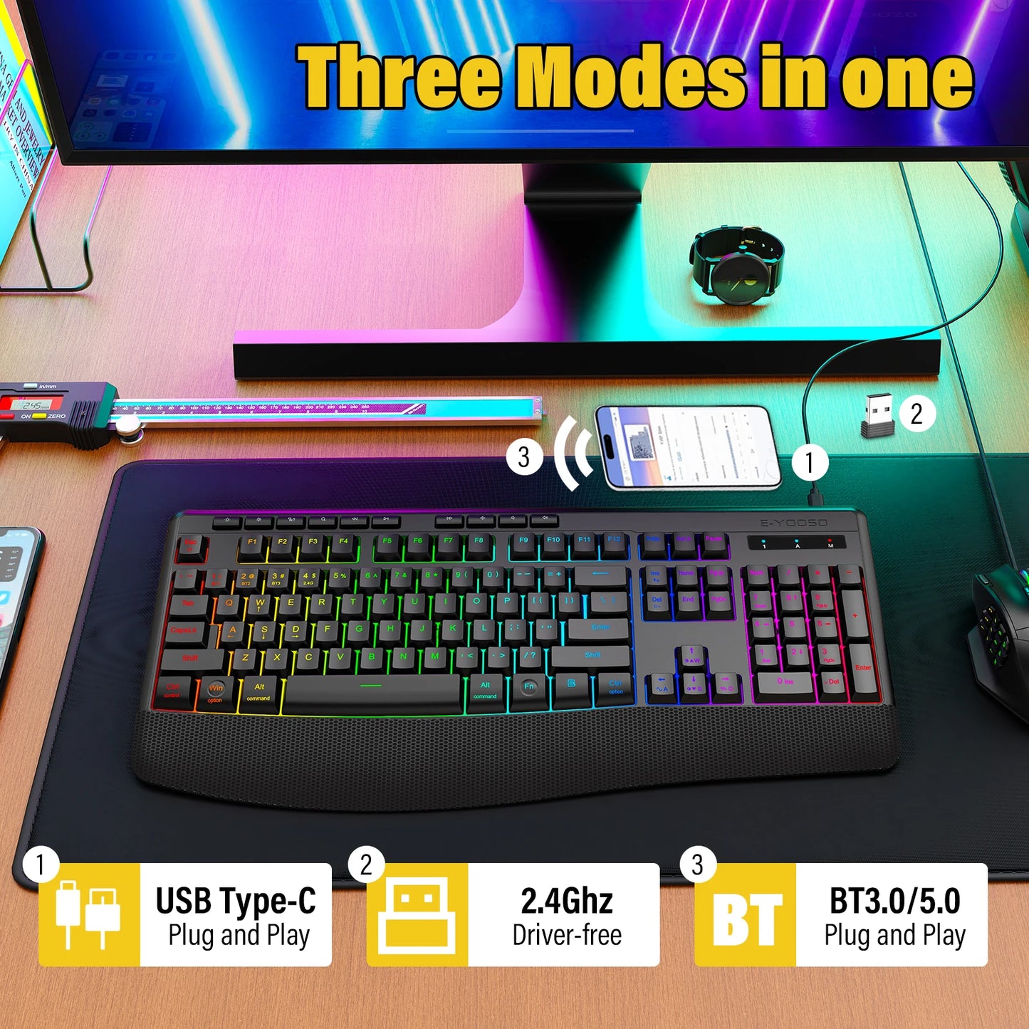 E-YOOSO Triple-Mode Mechanical Keyboard 2.4GHz/Bluetooth 5.0/USB-C RGB Backlit Quiet Keys Spill-Proof Long Standby for PC/Laptop