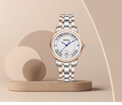 BERNY Women Watch Ladies Quartz Roman Numerals Day Top Calendar Watches Sapphire Glass Solid Steel Strap Women Wristwatch