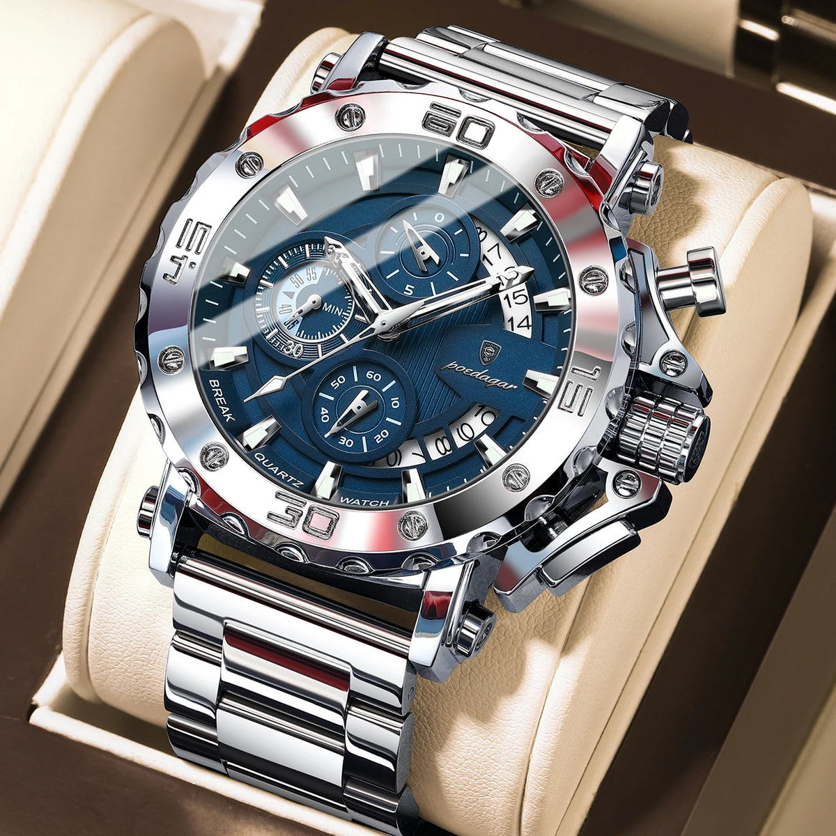 Montre homme de luxe POEDAGAR, lumineuse, étanche, chronographe, date, acier inoxydable, quartz, Reloj