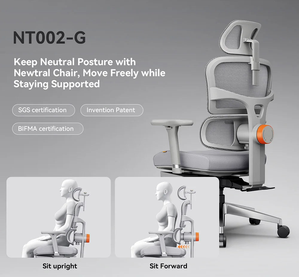 NEWTRAL NT002 Ergonomic Chair, Adaptive Lower Back Support, Adjustable Armrest Headrest Footrest, Gray, Cushioned 4D Armrest
