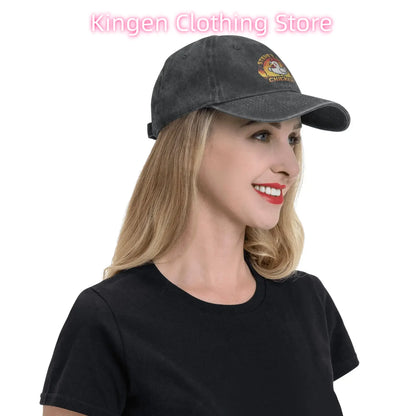 Unisex Chicken Jockey Lava Chicken Print Steves Hat – Modebaseballkasket i distressed-look, vasket, justerbar