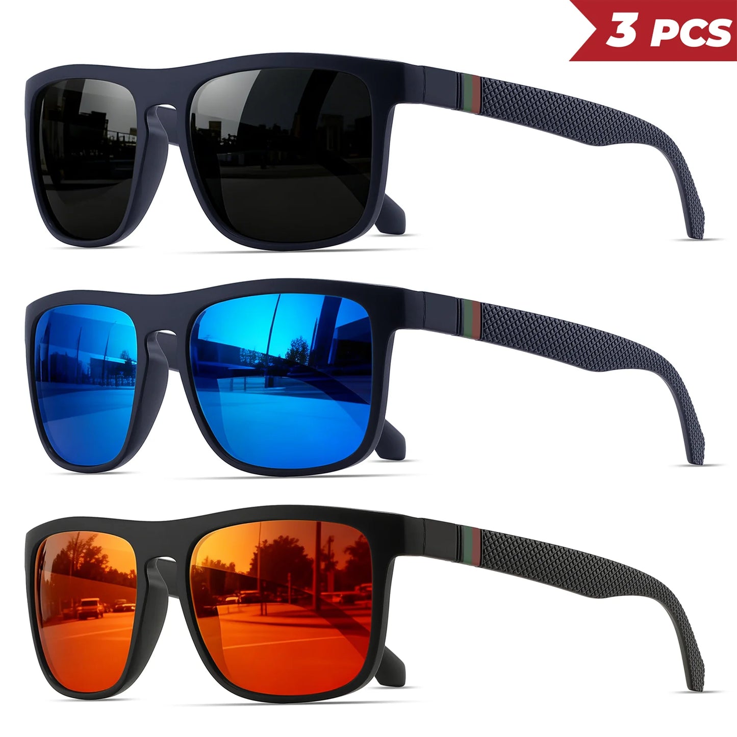 3PCS Classic Retro Polarized Square Sunglasses - Red/Green Stripe Temples, UV400 Unisex for Daily, Outdoor, Fishing & Driving