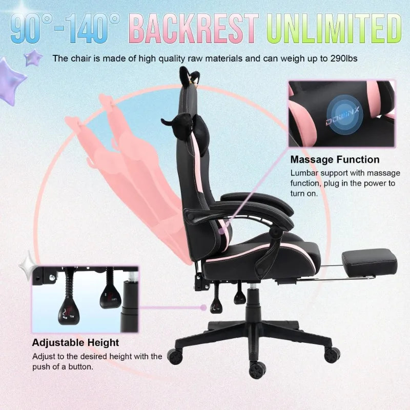 Niedlicher Gaming-Stuhl mit Katzenohren, Fußstütze, pinker Kawaii-Computerstuhl, ergonomischer Gamer-Sitz mit hoher Rückenlehne und Lendenstütze in Katzenpfotenform