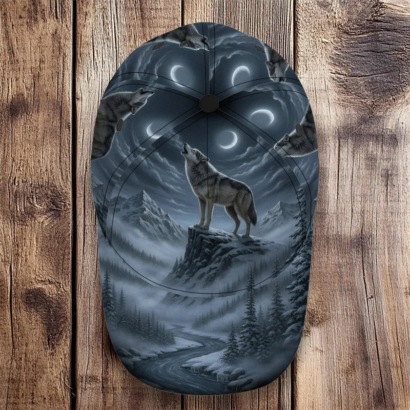 Boné clássico com estampado de lobo a uivar à lua, confortável e ajustável, com pala curva, ideal para uso diário e perfeito para a família