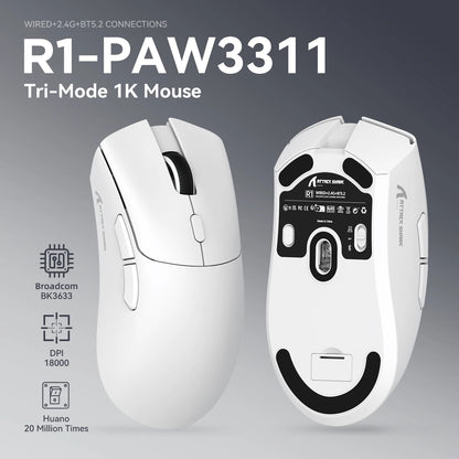 Ratón gaming trimodo ATTACK SHARK R1, sensor PixArt PAW3311, 18000 DPI, 1000hz, ultraligero de 59g para manos grandes, para PC/Mac