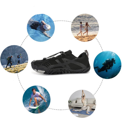 Pár outdoorových športových vodných topánok, topánky na bosé nohy, rýchloschnúce plážové, plavecké, fitness, brodiace, turistické, cyklistické, vodné tenisky