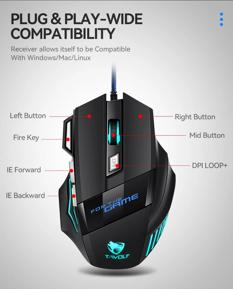 T-WOLF Wired Gaming Mouse 7-Button RGB Backlit Ergonomic Mechanical Mouse for PC Gamer