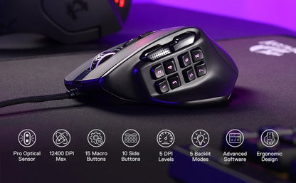 Rato Gaming MMO Redragon M811 Aatrox, 15 Botões Programáveis, Rato Gamer RGB com Fio e Design Ergonómico de Pegada Natural