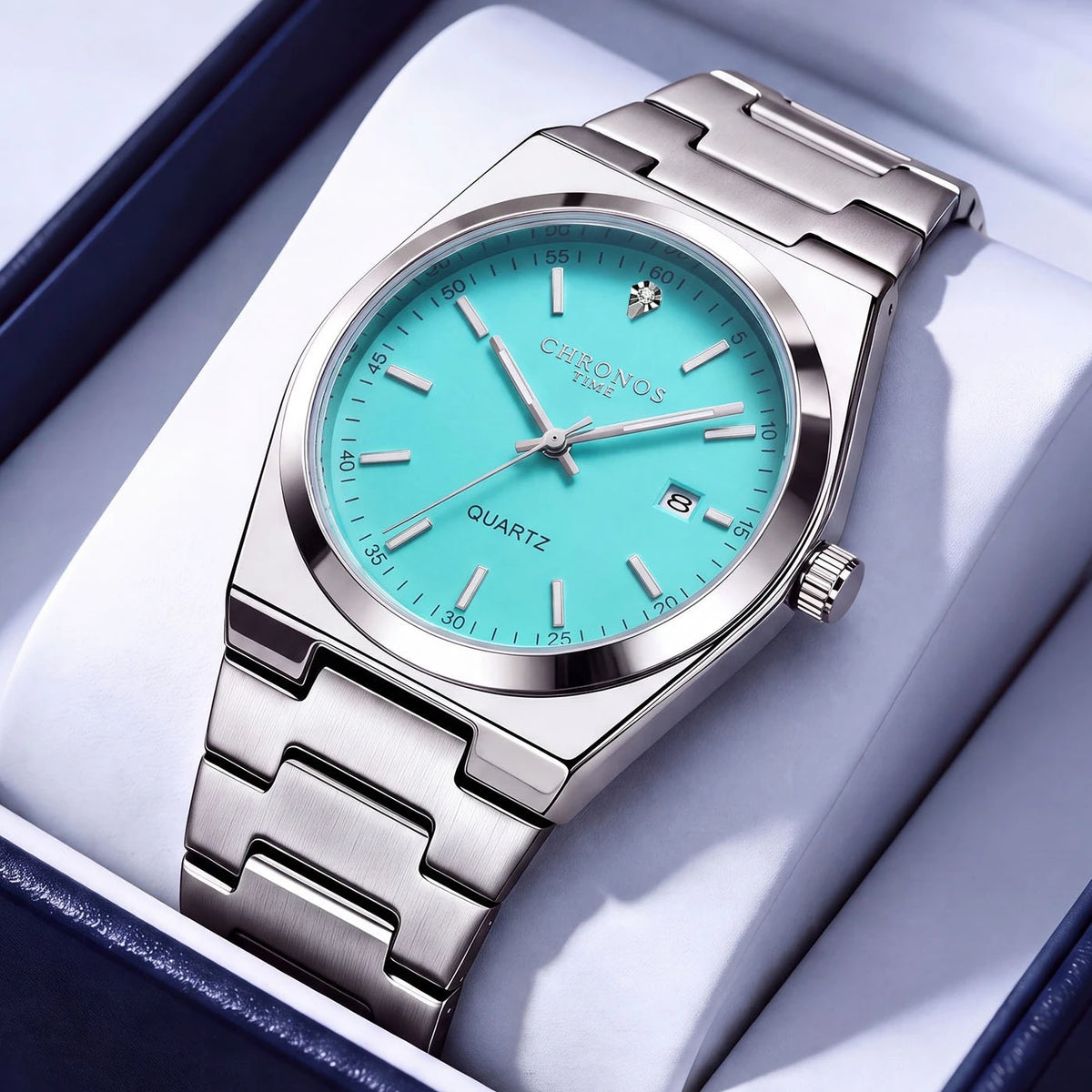 Relógio de quartzo para homem CHRONOS – Bracelete em aço inoxidável, resistente à água, ponteiros luminescentes, indicador de data – Ideal para o trabalho, o desporto ou o dia a dia