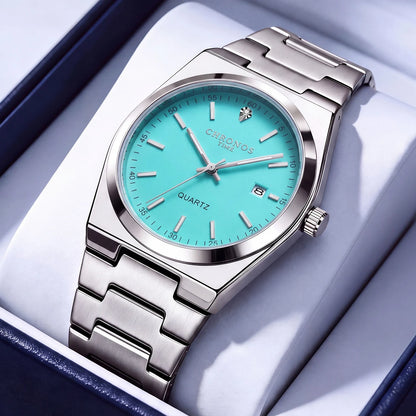 Relógio de quartzo para homem CHRONOS – Bracelete em aço inoxidável, resistente à água, ponteiros luminescentes, indicador de data – Ideal para o trabalho, o desporto ou o dia a dia