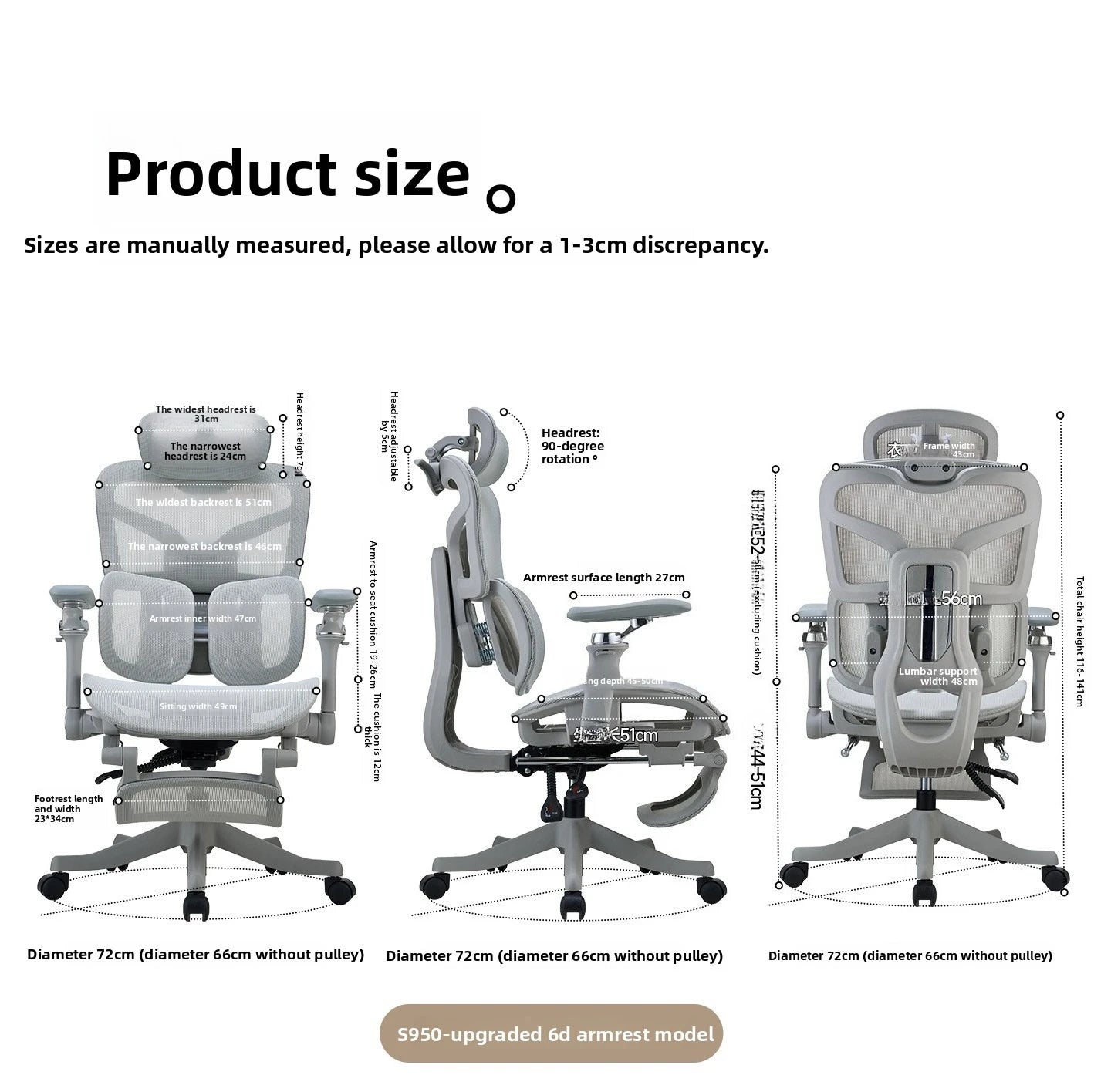 S950 Ergonomic Office Chair Adjustable Computer Chair, Gaming Chair with Lumbar Support, Comfortable Study Chair for Home Office & Work