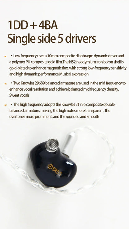 Son Rhyme SR5S Knowles 4Ba + 1Dd hybride écouteur 2Pin 0.78mm Hifi Audiophile dans l'oreille moniteur Iems avec câble modulaire 3.5Mm/4.4Mm